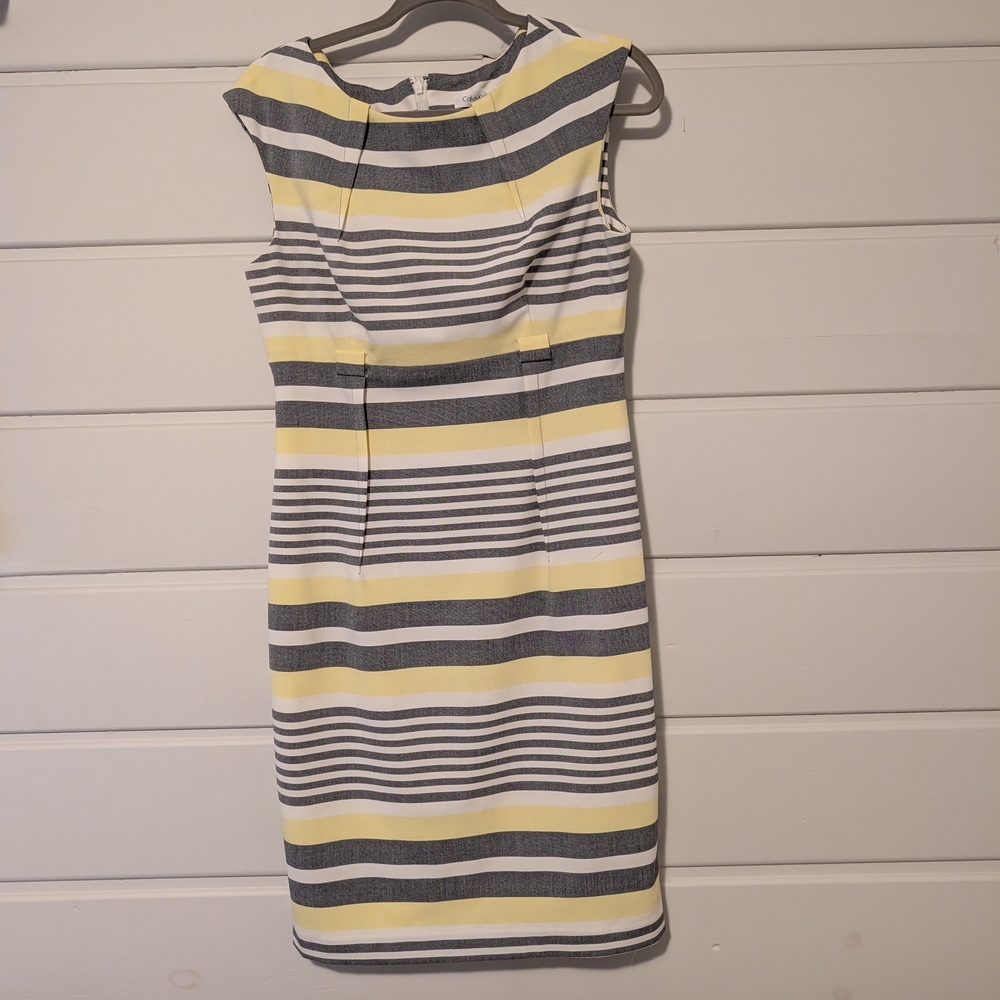 Size 8 Calvin Klein Striped Midi Dress in Yellow and Gray